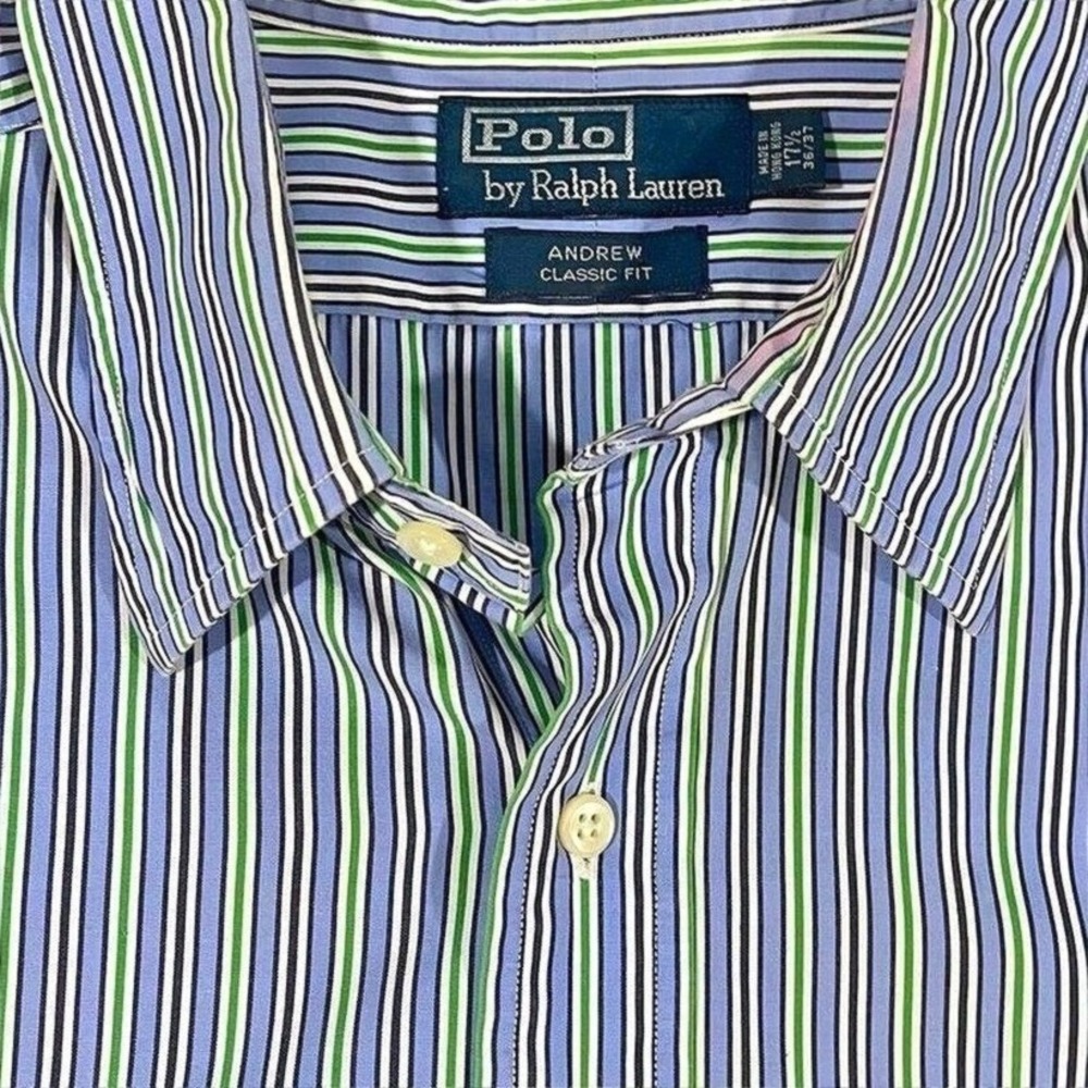 Vintage Polo Ralph Lauren Dress Shirt Andrew Blue Long Sleeve Stripe 17.5 36 37